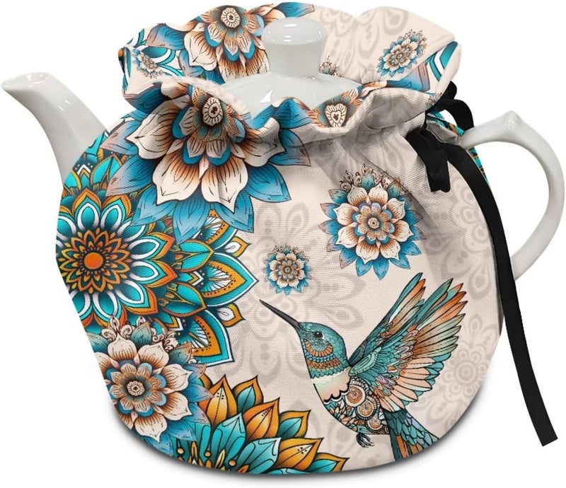 Mintulipy Tea Cosy Teapot Protective Cover Bohe Flower Hummingbirds Insulated Tea Kettle Dust Cover for Teapots Breakfast Pot Tabletop Kitchen Accessories Tea Pot Covers Only - Image 1